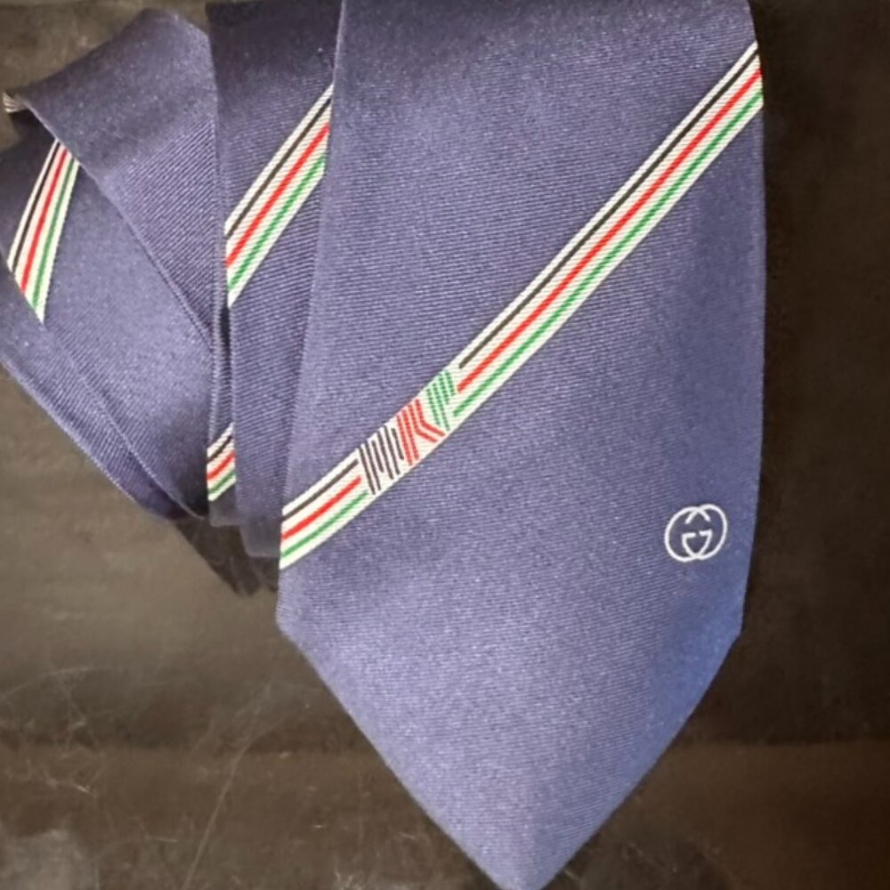 Gucci Silk Tie Logo Mens Gift Art Necktie Luxury Blue Striped Office Formal Vtg - Picture 2 of 4
